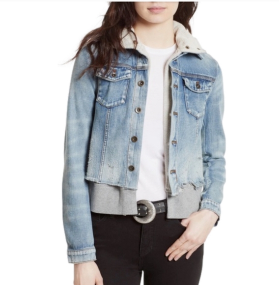 Free People Distressed Denim Jacket With Grey Sweatshirt Hoodie - Picture 16 of 16